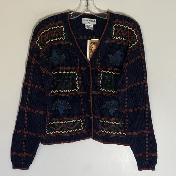 kathy ireland Sweaters - Kathy Ireland Cardigan Womens Small Blue Multi Floral Embroidered Granny Y2K 90s
